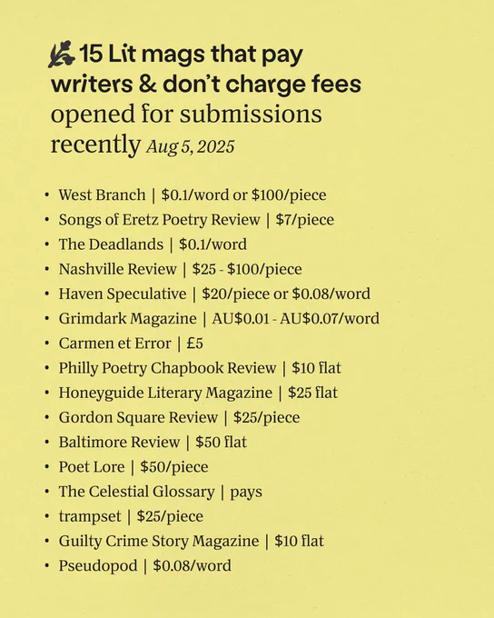 X 15 Lit mags that pay writers & don't charge fees opened for submissions recently Aug 5, 2025
• West Branch | $0.1/word or $100/piece
• Songs of Eretz Poetry Review | $7/piece
• The Deadlands | $0.1/word
• Nashville Review | $25 - $100/piece
• Haven Speculative | $20/piece or $0.08/word
• Grimdark Magazine AU$0.01 - AU$0.07/word
• Carmen et Error £5
• Philly Poetry Chapbook Review | $10 flat
• Honeyguide Literary Magazine | $25 flat
• Gordon Square Review | $25/piece
• Baltimore Review | $50 flat
• Poet Lore | $50/piece
• The Celestial Glossary | pays
• trampset $25/piece
• Guilty Crime Story Magazine | $10 flat
• Pseudopod | $0.08/word