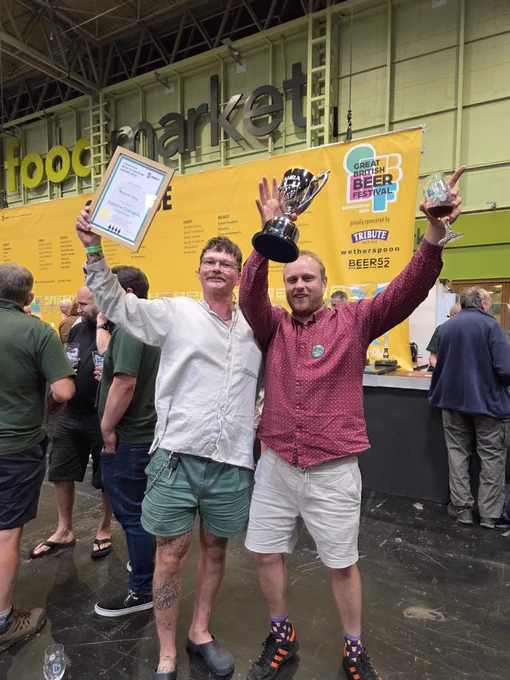 Photo of Lewis Elliott and Richard Hickman of Penzance brewery with their award at the Great British Beer Festival.