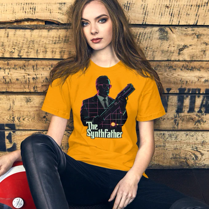 A graphic tee with a retro, 80s cyberpunk design and the text 'Synthfather.' A stylish, neon-infused shirt for tech and synthwave fans. #Synthfather #Cyberpunk #IndieTeeLab