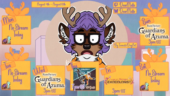 Streaming Schedule for 4th to 10th August

Wednesday, 3:00 PM - Rune Factory: Guardians of Azuma
Thursday, 7:00 PM - Split Fiction with Star!
Friday, 3:00 PM - I Was a Teenage Exocolonist
Sunday, 3:00 PM - Rune Factory: Guardians of Azuma