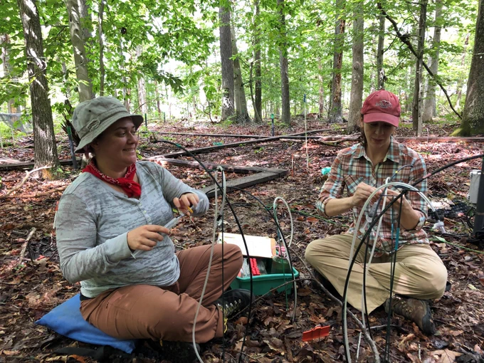 Two women sit on a leaf-covered forest floor, attaching syringes to a scientific instrument with clear tubes.