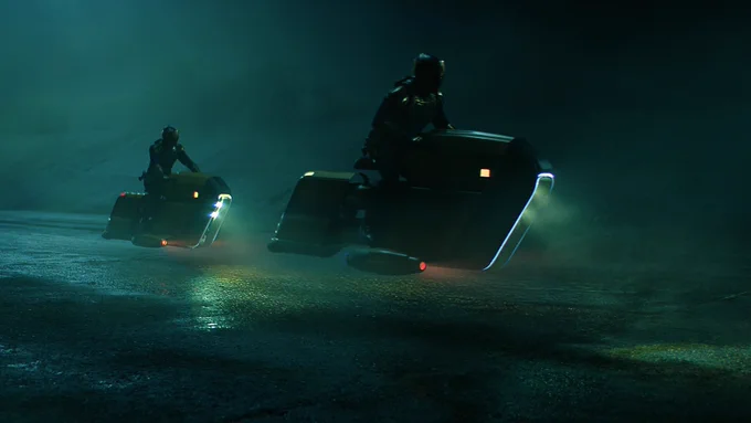 Lee Pace as Brother Day riding on the hover bikes with the First Claviger.
