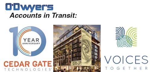 V2 Communications is named AOR for Cedar Gate Technologies, AlphaSense and Clark Street Associates... P-22 Agency is named PR and social strategy AOR for The Sun Rose West Hollywood, a hotel located on the Sunset Strip at the site of original House of Blues... ArcSense Communications, a Raleigh, NC-based marketing and communications agency, adds nonprofit organization Voices Together to its client roster.