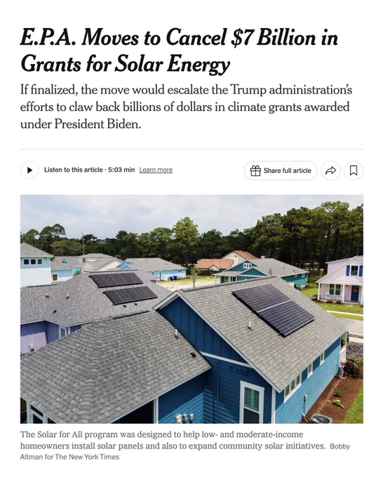 E.P.A. Moves to Cancel $7 Billion in Grants for Solar Energy

If finalized, the move would escalate the Trump administration’s efforts to claw back billions of dollars in climate grants awarded under President Biden.