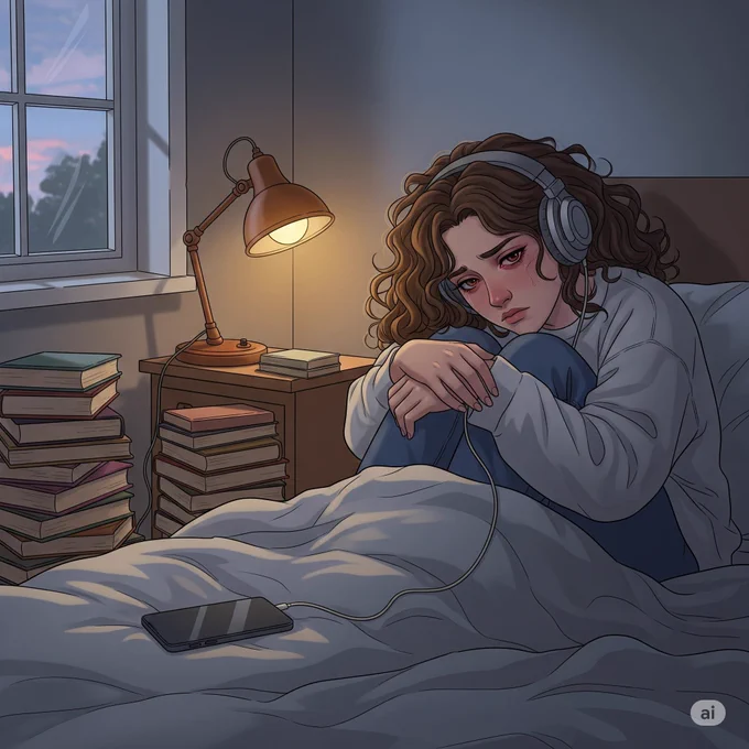 A cute 20 years young girl hair curly closeup in sad mood ,tired sitting on bed and some novels near her and a lamp is on and a headphone,in impasto light stroke