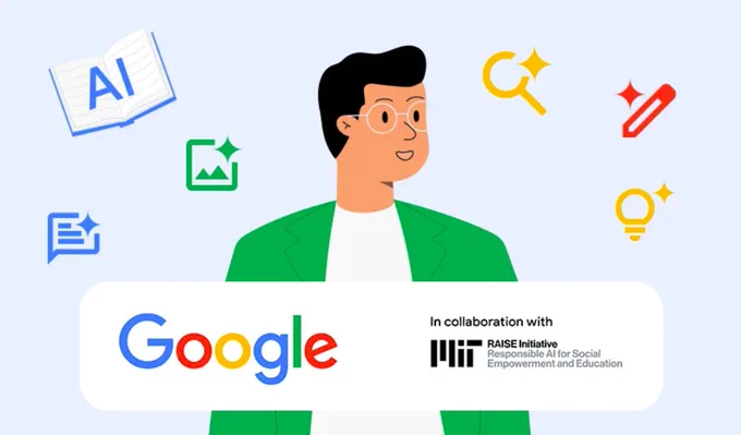 Una ilustración que anuncia una colaboración entre Google y la iniciativa RAISE del MIT. La imagen muestra a un joven en el centro, rodeado de íconos que simbolizan las capacidades de la IA, como un libro, una lupa y un lápiz. En la parte inferior, un recuadro blanco contiene el logo de Google junto al del MIT y el nombre completo de la iniciativa: "Responsible AI for Social Empowerment and Education".