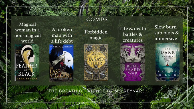A photo of a rainforest with the Title "Comps":
A Feather so Black - magical woman in a non-magical world
The Last Vigilant - A broken man with a life debt
The Jasad Heir - Forbidden magic
The Bone Shard War - life & death battles & creatures
One Dark Window - slow burn sub plots & immersive