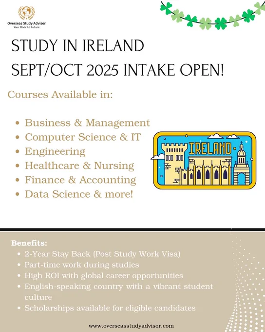 Ireland study abroad opportunity for Fall 2025 – scenic Irish landscape with golden career prospects, scholarships, and post-study work visa options.