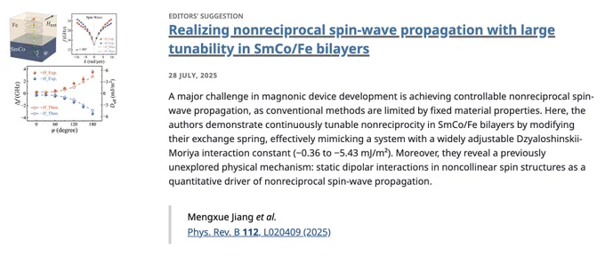 EDITORS' SUGGESTION
Realizing nonreciprocal spin-wave propagation with large tunability in SmCo/Fe bilayers
28 July, 2025
A major challenge in magnonic device development is achieving controllable nonreciprocal spin-wave propagation, as conventional methods are limited by fixed material properties. Here, the authors demonstrate continuously tunable nonreciprocity in SmCo/Fe bilayers by modifying their exchange spring, effectively mimicking a system with a widely adjustable Dzyaloshinskii-Moriya interaction constant (−0.36 to −5.43 mJ/m²). Moreover, they reveal a previously unexplored physical mechanism: static dipolar interactions in noncollinear spin structures as a quantitative driver of nonreciprocal spin-wave propagation.

Mengxue Jiang et al.
Phys. Rev. B 112, L020409 (2025)