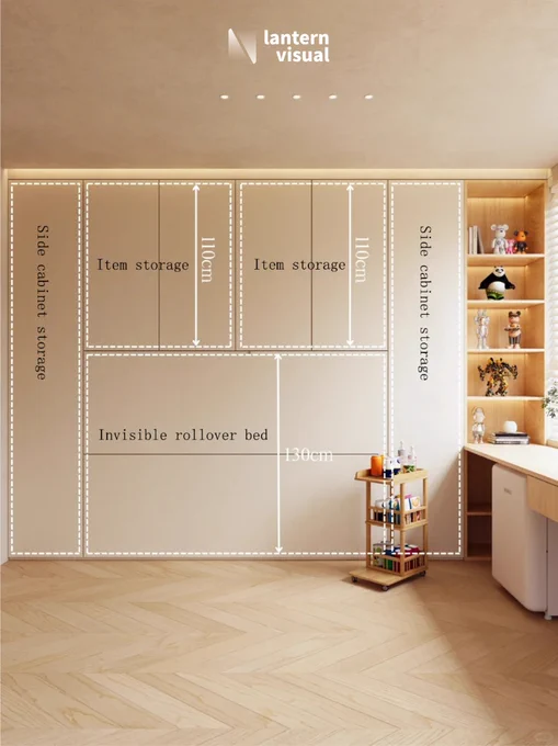 A 3D rendering by Lantern Visual’s expert artists, showcasing a versatile multi-functional room with a full-wall storage system featuring an ‘Invisible Rollover Bed’ (130cm W). Above the bed are two ‘Item Storage’ cabinets (110cm H), flanked by ‘Side Cabinet Storage’ units to maximize vertical space. This exemplifies our service for North American carpenters and cabinet makers—transforming complex design concepts into clear, photorealistic visuals. With our flexible subscription model, you can pause or cancel anytime, ensuring you only pay for the productivity you need while significantly reducing overhead costs.