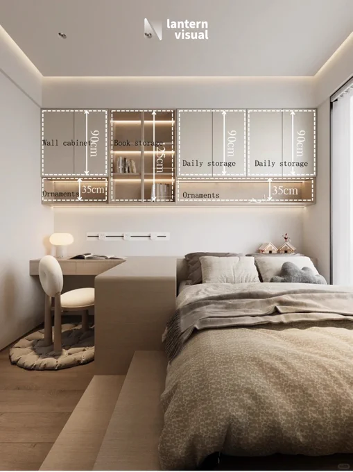 A cozy bedroom 3D rendering by Lantern Visual, featuring custom storage solutions above the headboard and desk. The design includes 'Wall Cabinets' and 'Daily Storage' units (both 90cm H), with a central 'Book Storage' cabinet featuring glass doors (75cm H) above open shelving (35cm H) for displaying 'Ornaments.' Beyond photorealistic 3D modeling and rendering, we assist with conceptual design and technical woodworking specifications. Ideal for interior designers seeking a reliable creative partner, we deliver consistent, high-quality output to protect your reputation and client relationships.