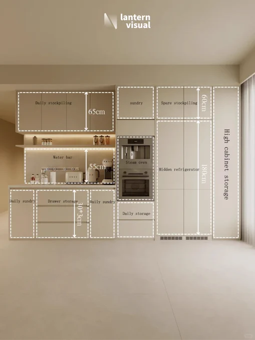 A high-quality 3D rendering by Lantern Visual, showcasing a modern kitchen with seamless custom cabinetry designed for North American clients. The cabinetry features a light beige finish and is organized into functional zones, including upper cabinets (65cm H) for 'Daily stockpiling,' an open 'Water bar' section (55cm H), a built-in 'Steam oven,' a 'Hidden refrigerator' (180cm H), and a 'High cabinet storage' area. This photorealistic render is part of our VIP Design Subscription service, priced at $2,950/month, empowering carpenters and cabinet makers to transform design concepts into powerful sales tools. We deliver initial drafts within 48 hours and offer unlimited revisions until you’re 100% satisfied.