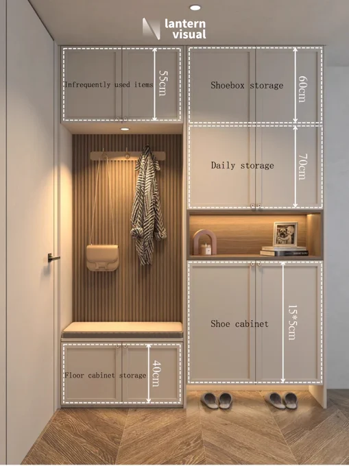 A photorealistic 3D rendering by Lantern Visual, showcasing an entryway cabinet design that brings space planning to life for interior designers’ clients. The design intelligently integrates multiple storage solutions: a top cabinet (55cm H) for ‘Infrequently Used Items,’ a ‘Shoe Box Storage’ compartment (60cm H), a ‘Daily Storage’ section (70cm H), an open area with labeled hooks and a cushioned bench, plus a base featuring ‘Shoe Cabinets’ and ‘Floor Cabinet Storage’ (40cm H). With our VIP Subscription Service ($2,950/month), you gain access to a full design team, unlimited design requests, and revisions. Start your 1-week free trial today to experience our speed and quality firsthand.