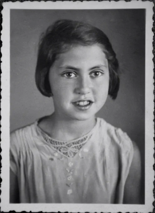 Vintage black and white portrait of a young girl with an earnest expression, wearing an embellished blouse.

