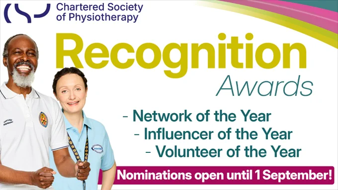White graphic with a rainbow streak and a photo of two CSP members. On the graphic there is the text ‘Recognition Awards. Network of the Year. Influencer of the Year. Volunteer of the Year. Nominations open until 1 September.’ 
