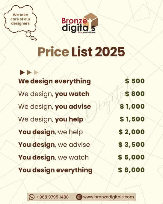 💡 At 𝐁𝐫𝐨𝐧𝐳𝐞 𝐃𝐢𝐠𝐢𝐭𝐚𝐥𝐬, we love creative freedom — but your 𝐢𝐧𝐯𝐨𝐥𝐯𝐞𝐦𝐞𝐧𝐭 might just 𝐜𝐨𝐬𝐭 𝐲𝐨𝐮! 😉⁣
⁣
From “𝐰𝐞 𝐝𝐞𝐬𝐢𝐠𝐧 𝐞𝐯𝐞𝐫𝐲𝐭𝐡𝐢𝐧𝐠” to “𝐲𝐨𝐮 𝐝𝐞𝐬𝐢𝐠𝐧 𝐞𝐯𝐞𝐫𝐲𝐭𝐡𝐢𝐧𝐠”… there’s a price for every level of participation 🧠🎨⁣
⁣
🔒 We take care of our designers, and our price list proves it!⁣
𝘞𝘩𝘪𝘤𝘩 𝘰𝘯𝘦 𝘢𝘳𝘦 𝘺𝘰𝘶? 👀⁣
www.bronzedigitals.com

#DesignHumor #CreativeAgency #ClientVsDesigner #BronzeDigitals #GraphicDesign #DesignPricing #RespectDesign #DigitalAgency #DesignMatters #customerfirst #brandbuilding #trustdrivesgrowth #customerloyalty #brandtrust #businesswithheart #retentionstrategy #wordofmouthmarketing #businessgrowthtips #explore #marketing #fyp #digitalmarketing