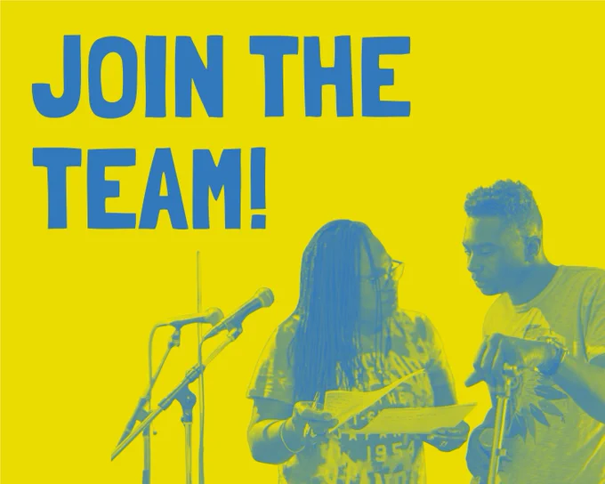 A picture coloured in yellow and blue showing two figures working together and the words 'Join the team!@