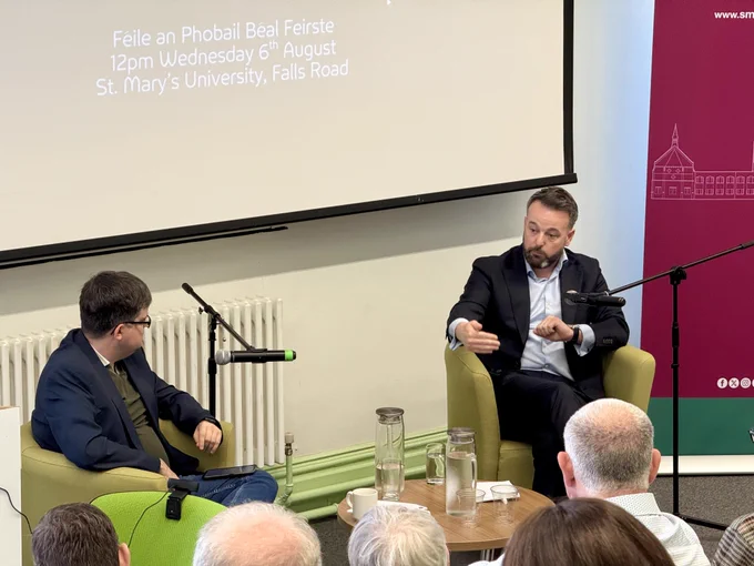 New Ireland Commission Chairperson Colum Eastwood MP being interviewed by Dr. David McCann in St. Mary’s University, Belfast.
