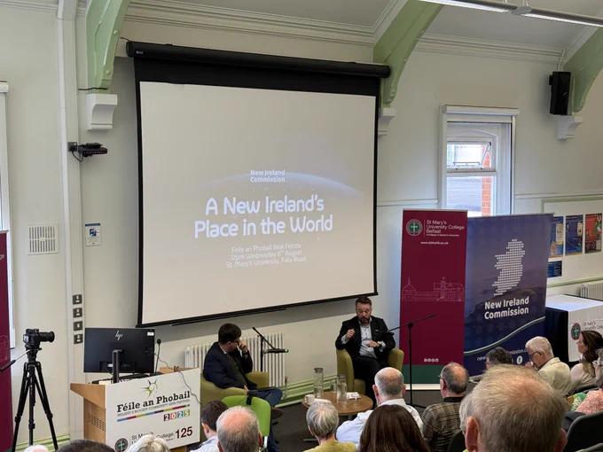 New Ireland Commission Chairperson Colum Eastwood speaking in St. Mary’s University, Belfast.