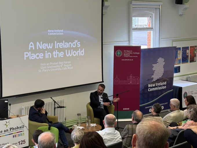New Ireland Commission Chairperson Colum Eastwood speaking at St. Mary’s University, Belfast.