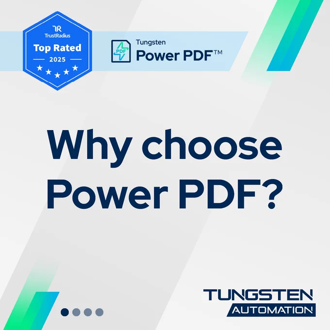 TrustRadius 2025 top-rated badge for Tungsten Power PDF software promoting its reliability and user preference.