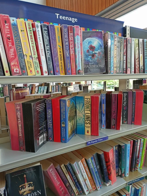 Photograph of shelves of books. The middle shelf has every other book with the pages facing out to reveal coloured pages. The sprayed edges alternate between black and red, with another with a cracked glass pattern. 