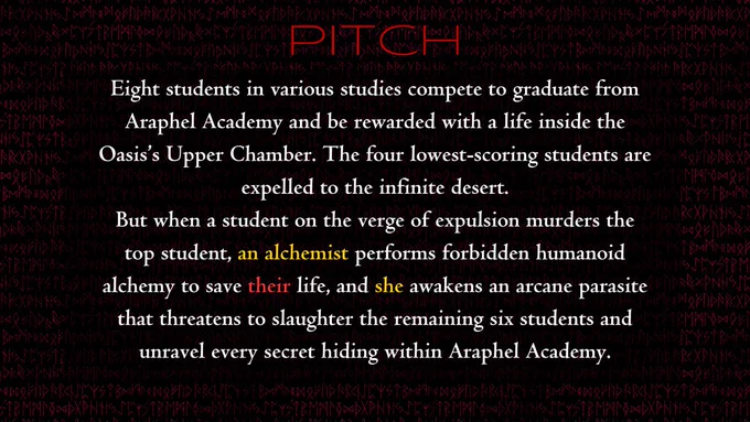 Eight students in various studies compete to graduate from Araphel Academy and be rewarded with a life inside the Oasis's Upper Chamber. The four lowest-scoring students are expelled to the infinite desert.
But when a student on the verge of expulsion murders the top student, an alchemist performs forbidden humanoid alchemy to save their life, and she awakens an arcane parasite that threatens to slaughter the remaining six students and unravel every secret hiding within Araphel Academy.