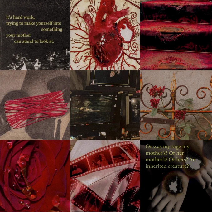 a moodboard with 9 images:

Top Row:
1. a dark background with the text: "it's hard work. trying to make yourself into something your mother can stand to look at."
2. embroidered anatomical heart
3. carpeted red staircase with frayed edges.

Middle Row:
1. red threads connecting two faces.
2. behind the scenes of a film set, the monitor displays an image of a woman in water.
3. rusting iron fence with roses growing around it.

Bottom Row:
1. close-up of a red rose.
2. film strip
3. a burnt picture of hands, with the text: "or was my rage my mother's? or her mother's? or hers? an inherited creature?"
