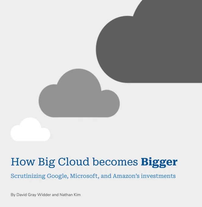 The cover of the report, with dark blue title "How Big Cloud becomes Bigger" with "Bigger" in bold, and subtitle in light blue "Scrutinizing Google Microsoft and Amazon's investments", and light grey author line "David Gray Widder and Nathan Kim" on light grey page background with three clouds: white, dark grey, and very dark grey getting bigger and going towards the top right until they're off the page.