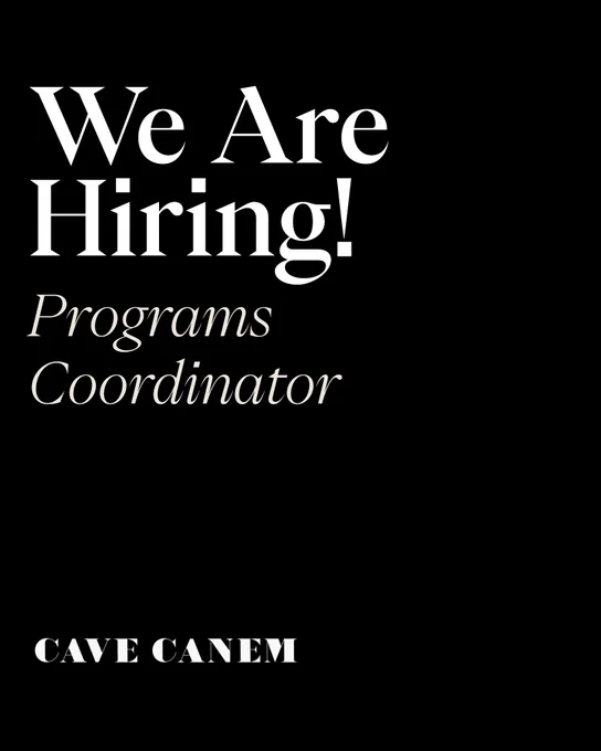 Black Graphic with white text that reads: We Are Hiring! Programs Coordinator. 
