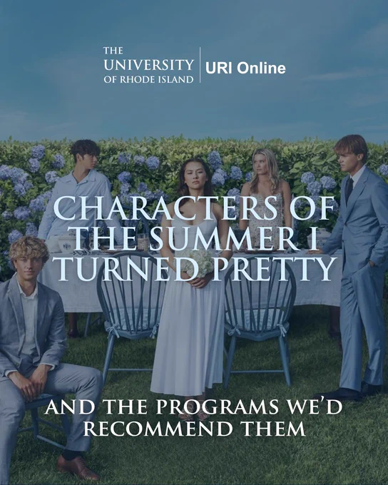 Five young adults from the tv show The Summer I Turned Pretty in formal attire around a garden table with hydrangeas in the background.

Transcribed text overlay:
Characters of The Summer I Turned Pretty and the programs we'd recommend them.