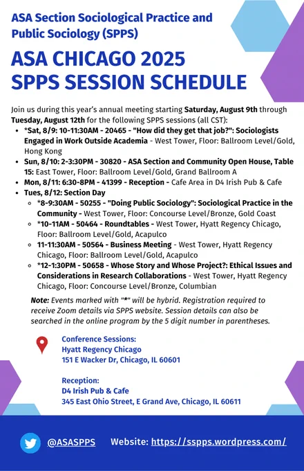 ASA Chicago 2025 SPPS Session Schedule

Join us during this year’s annual meeting starting Saturday, August 9th through Tuesday, August 12th for the following SPPS sessions (all CST):
- *Sat, 8/9: 10-11:30AM - 20465 - "How did they get that job?": Sociologists Engaged in Work Outside Academia
- Sun, 8/10: 2-3:30PM - 30820 - ASA Section and Community Open House, Table 15
- Mon, 8/11: 6:30-8PM - 41399 - Reception
Tues, 8/12: Section Day:
- *8-9:30AM - 50255 - "Doing Public Sociology": Sociological Practice in the Community
 - *10-11AM - 50464 - Roundtables
- 11-11:30AM - 50564 - Business Meeting
- *12-1:30PM - 50658 - Whose Story and Whose Project?: Ethical Issues and Considerations in Research Collaborations 

Note: Events marked with "*" will be hybrid. Registration required to receive Zoom details via SPPS website. Session details can also be searched in the online program by the 5 digit number in parentheses.

Visit https://sspps.wordpress.com/meetings/ for detailed info!
