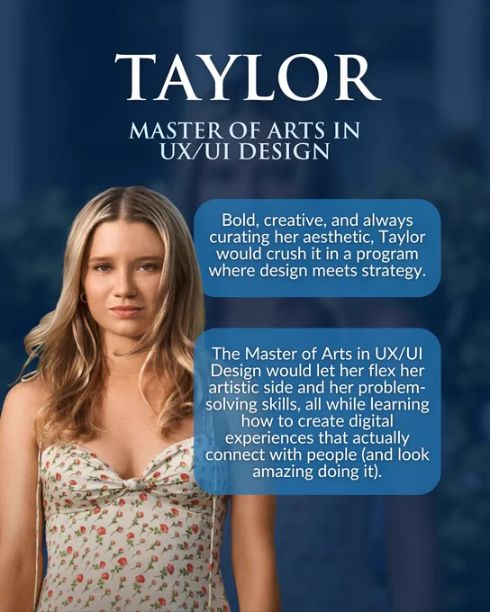 Taylor from The Summer I Turned Pretty in a floral dress with text about the URI Online Master of Arts in UX/UI Design program.

Transcribed text overlay:
Taylor
Master of Arts in UX/UI Design

Bold, creative, and always curating her aesthetic, Taylor would crush it in a program where design meets strategy.

The Master of Arts in UX/UI Design would let her flex her artistic side and her problem-solving skills, all while learning how to create digital experiences that actually connect with people (and look amazing doing it).