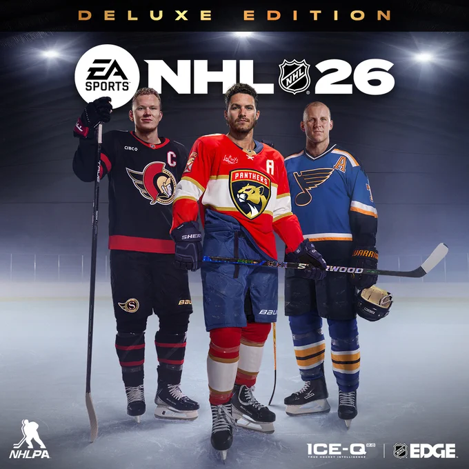 Top: in gold text on a black background reads, "deluxe edition".

Bottom: The EA Sports and NHL26 logos. Beneath that are cutouts of Brady Tkachuk in a Senators uniform, Matthew Tkachuk in a Panthers uniform, and Keith Tkachuk in a Blues uniform. At the very bottom is the NHLPA, Ice-Q, and NHL EDGE logos.