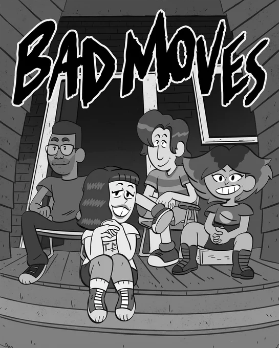 T-shirt design of the Bad Moves cartoon characters sitting on the Minor Threat porch