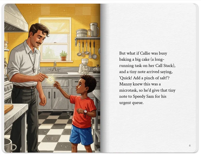 A book page that has text: "But what if Callie was busy baking a big cake (a long-running task on her Call Stack), and a tiny note arrived saying, 'Quick! Add a pinch of salt!'? Manny knew this was a microtask, so he'd give that tiny note to Speedy Sam for his urgent queue."