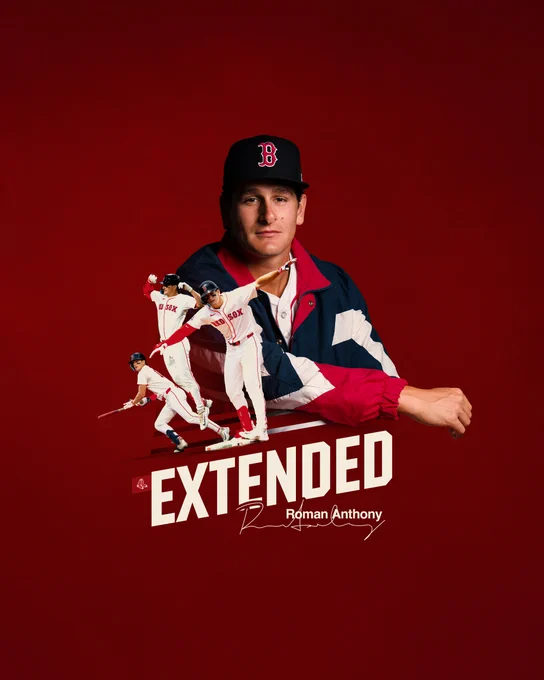TEXT: Extended - Roman Anthony
IMAGE: Graphic announcing Roman Anthony’s extension. Four layered cutouts of Roman Anthony are featured on a dark red background - one posed, one hitting and two celebrating in the Red Sox home white uniform.