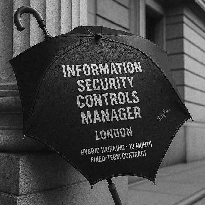 Job title graphic for Information Security Controls Manager role in London. Features bold text reading “12-Month FTC | Hybrid (3 Days)” and “Up to £200k Comp” on a clean, professional layout. Highlights a hands-on GRC opportunity embedding NIST CSF 2.0 across a cloud-first, regulated tech estate.