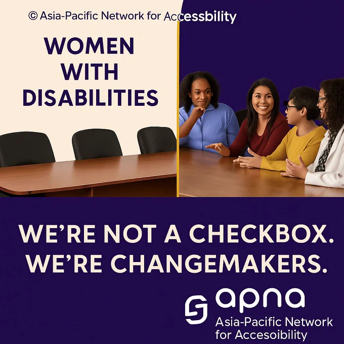 Two frames: one showing an empty chair labeled 'Women with Disabilities,' and another showing women with disabilities leading a boardroom discussion
