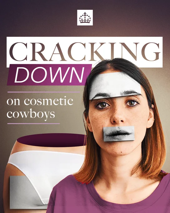 Collage of a person with parts of their face overlaid with black and white cutouts. Text reads 'Cracking down on cosmetic cowboys'