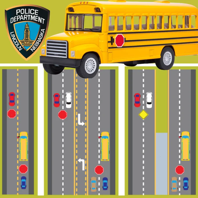 Illustration of a yellow school bus and various vehicles on a multi-lane road, with a sign reading "Police Department Lincoln Nebraska" in the top left corner.