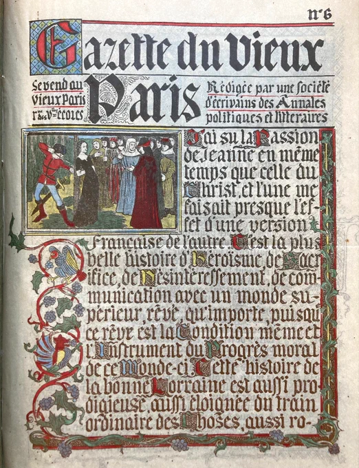 A decorative, medieval-style page titled Gazette du Vieux Paris, featuring illuminated letters, ornate borders, and an illustrated scene of people in historical dress. The text is in French with Gothic lettering and red highlights.