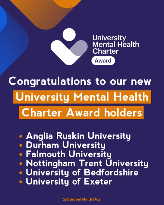 Graphic for the University Mental Health Charter Award by Student Minds, congratulating Anglia Ruskin University, Falmouth University, Nottingham Trent University, University of Exeter, and University of Bedfordshire for achievement a University Mental Health Charter Award.