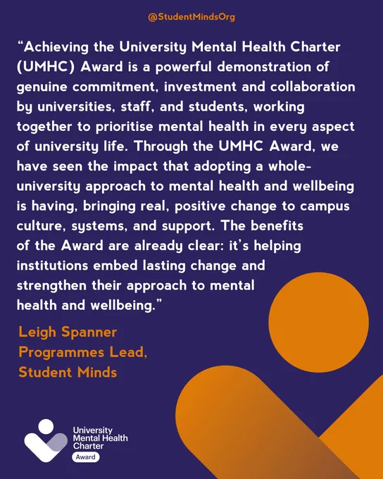 Graphic featuring a quote from Leigh Spanner about the positive impact of the University Mental Health Charter Award on campus mental health and wellbeing. Includes the University Mental Health Charter Award logo at the bottom.