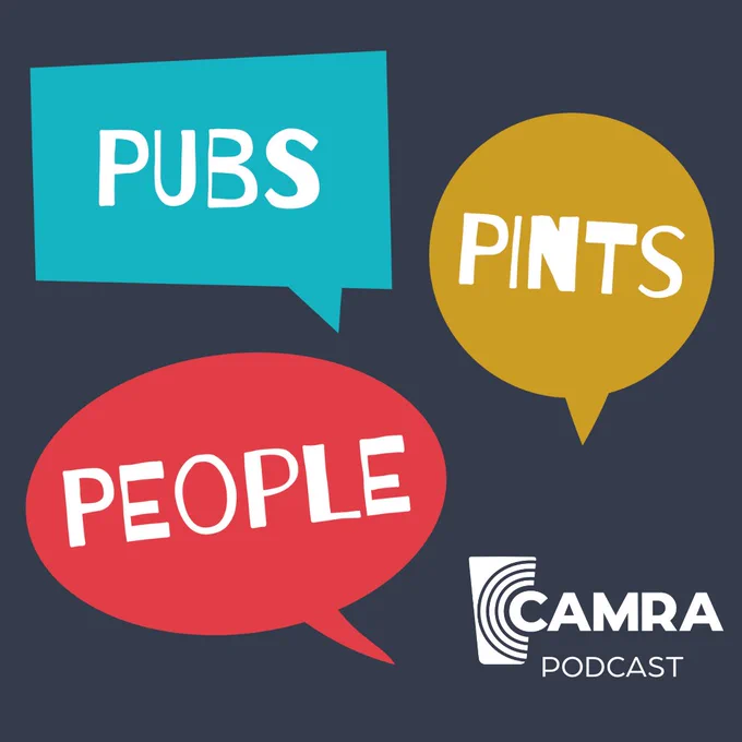 The Pubs.Pints.People logo on a grey background. The logo is a blue gold and red speech bubbles with the white CAMRA logo.