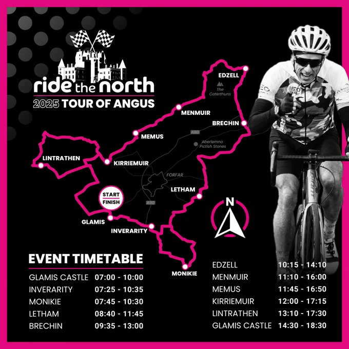 A map showing the Ride the North - Tour of Angus 2025 route and timings for the event, with a picture of a participating cyclist.