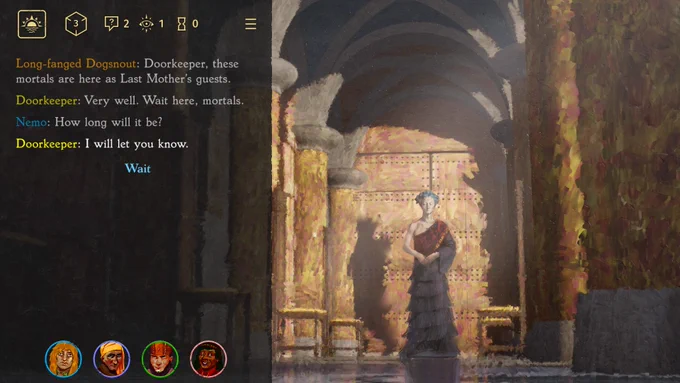 Left of the screen shows dialog and the faces of the four questers. On the right a supernatural guardian stands in front of a metal door.