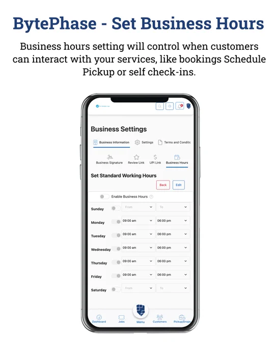 📅 Set Your Business Hours – Stay in Sync with Your Customers!
🚀 Running a repair shop just got smarter!
With BytePhase, you now have full control over when your customers can interact with your services—be it scheduling a pickup, self check-in, or booking a job.

🛠️ No more off-hour pings.
📆 No missed connections.
✅ Just smooth, seamless operations.

📲 How it works?
Go to Business Settings → Business Hours and set your standard working times for each day of the week. Done in seconds!

💼 Whether you’re a solo tech or a growing repair team—this keeps you efficient, organized, and professional.

Take Charge of Your Time – The BytePhase Way

📞 Call or WhatsApp:  91 99700 22111

#BytePhase
#SmartScheduling
#ServiceAutomation
#SmartHours