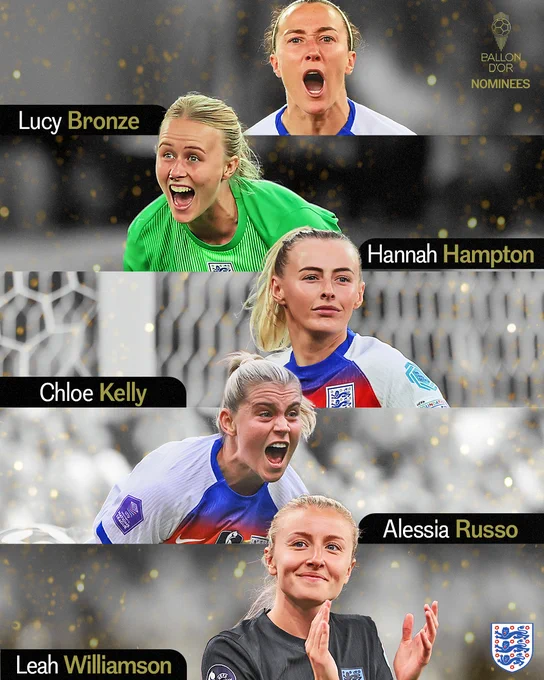 The five Lionesses who are nominated for the 2025 Women's Ballon d'Or are pictured from top to bottom in this order: Lucy Bronze, Hannah Hampton, Chloe Kelly, Alessia Russo, Leah Williamson.
