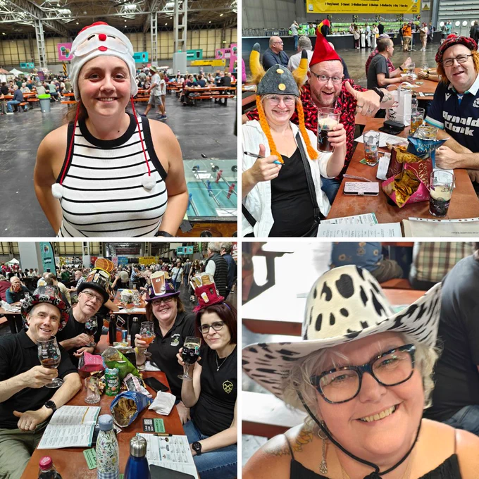 A selection of four photos of people with novelty hats.